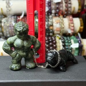 Green Jade Man & Black Obsidian Pitbull Carving